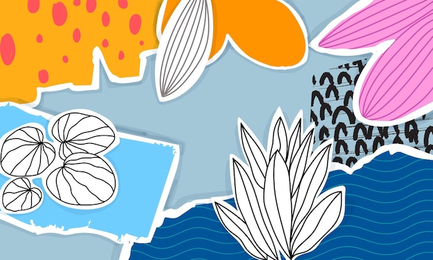 Vector abstract shapes and doodle floral leaves plants and flowers hand drawn vector illustratio background