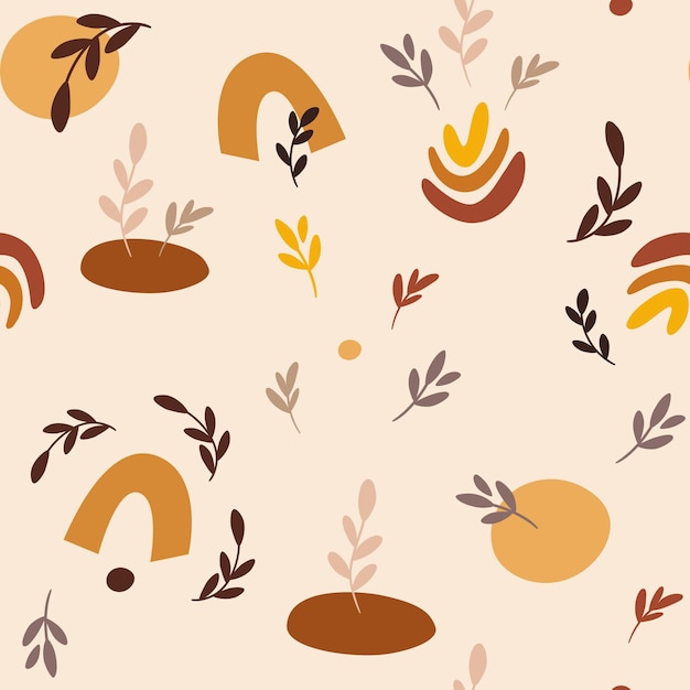 Abstract shapes and leaves seamless pattern Hand Draw Background in boho style