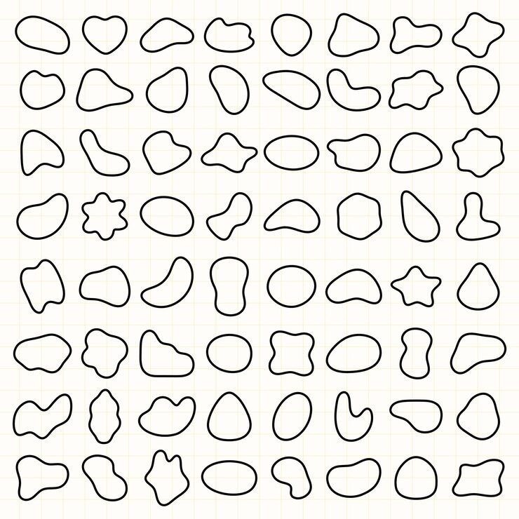 Vector abstract shapes pattern with black outlines on a grid background shapes vary in size and form abstract shapes repeat creating a dynamic pattern black shape vector set