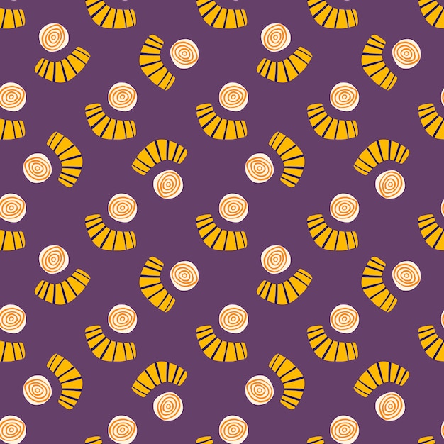 Abstract shapes seamless doodle pattern. Bright design with yellow circles and scribble figures on purple background.