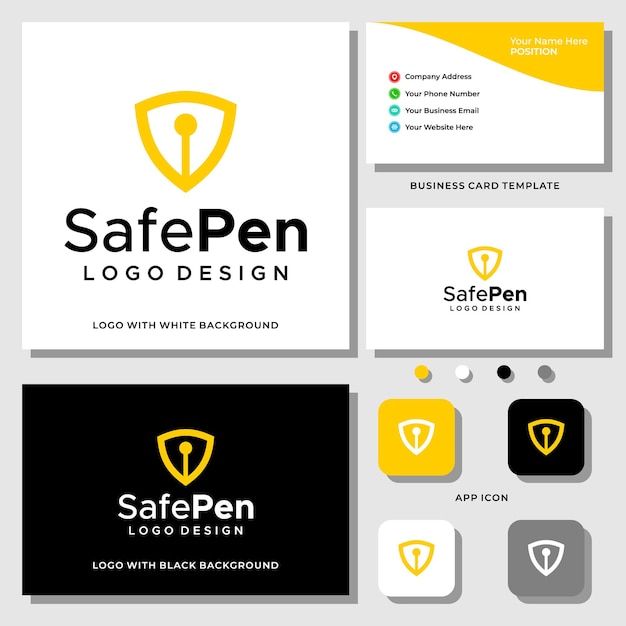 Abstract shiled symbol and pen logo design with business card template