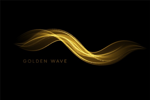 Elemento di design astratto onda di colore oro lucido con effetto glitter su sfondo scuro.