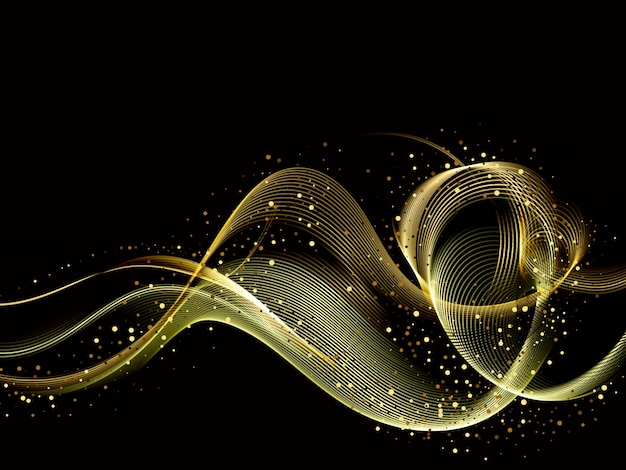 Abstract shiny color gold wave  element with glitter effect on dark background.