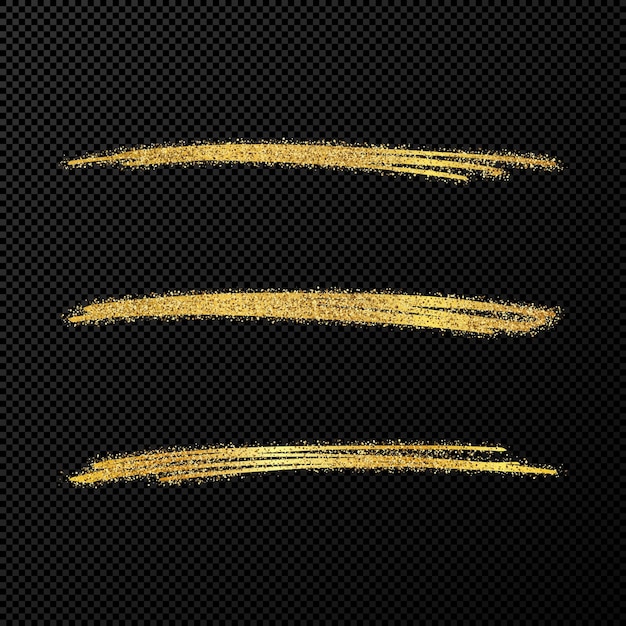 Абстрактные блестящие волны конфетти блестящие. набор из трех золотых мазков кисти на черном прозрачном фоне. векторная иллюстрация