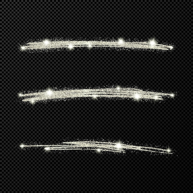 Абстрактные блестящие конфетти сверкающие волны набор из трех ручных серебряных штрихов кисти на черном прозрачном фоне векторная иллюстрация