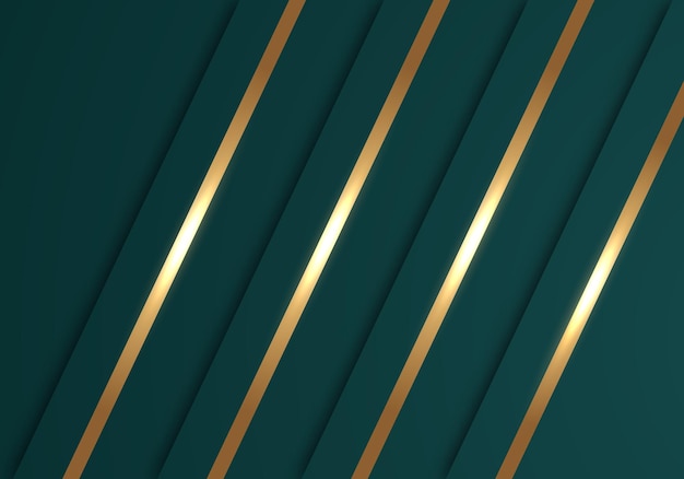 Abstract shiny gold lines diagonal overlap luxurious dark green background with copy space for text