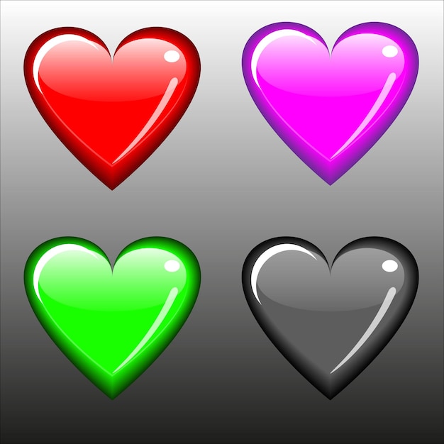 Абстрактная иллюстрация блестящих сердец в красно-фиолетовом зеленом и черном векторном наборе значков