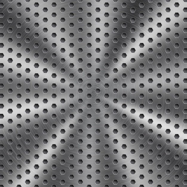 Vector abstract shiny metal background in silver color with circular brushed texture and hexagonal holes