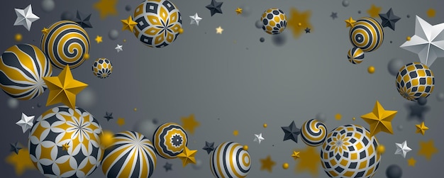 Abstract shiny spheres and stars vector background, composition of flying balls decorated with patterns of shiny gold, 3d mixed variety realistic globes with ornaments, with blank copy space.