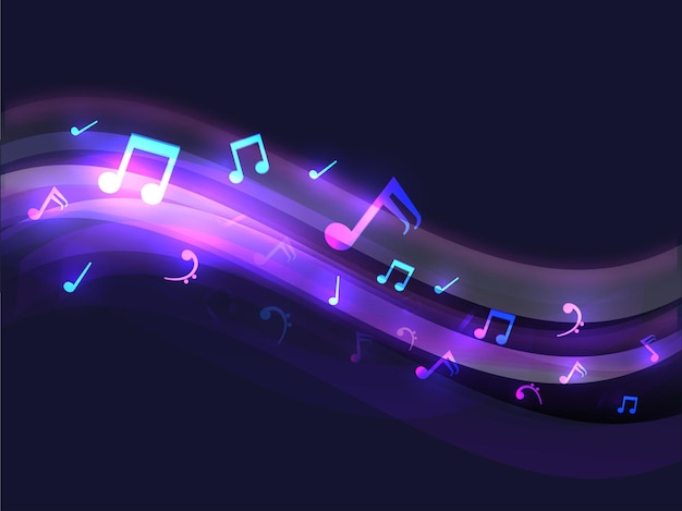 Abstract Shiny Wave Background Decorated With Music Notes.