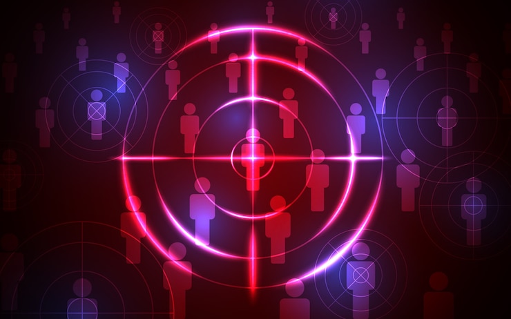 Vector abstract shooting target audience template on black blue background. 