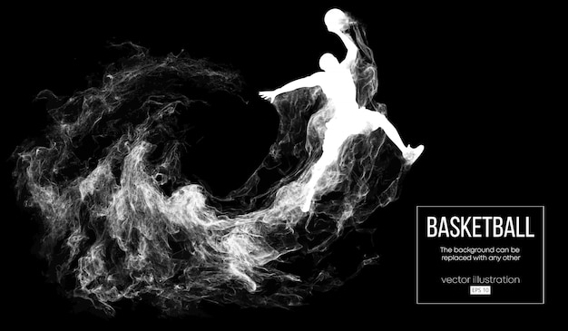 Abstract silhouet van een basketbalspeler op donkere zwarte achtergrond van deeltjes, stof, rook, stoom. basketbalspeler springen en voert slam dunk.