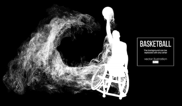 Siluetta astratta di un giocatore di basket disabilitato su sfondo nero scuro da particelle, polvere, fumo, vapore. il giocatore di pallacanestro esegue lancia una palla.