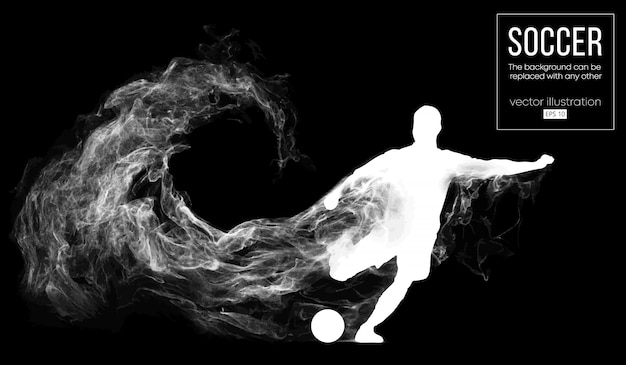 Abstract silhouette of a football player on dark black background from particles. soccer player running, jumping with ball. world and european league.