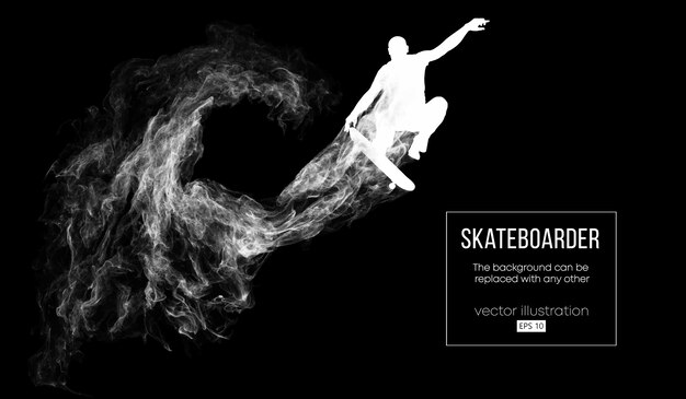 Abstract silhouette of a skateboarder on the dark black background from particles