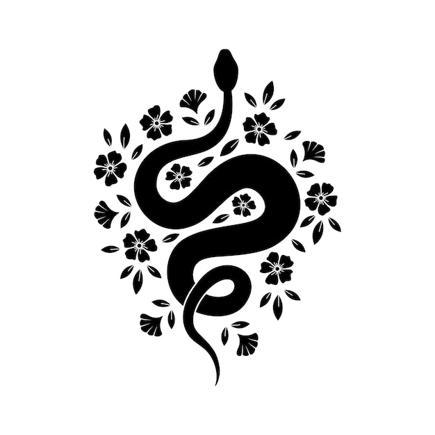 Абстрактный силуэт извивающейся змеи и поле цветов и листьев Черная татуировка винтажный вектор диких животных рептилий