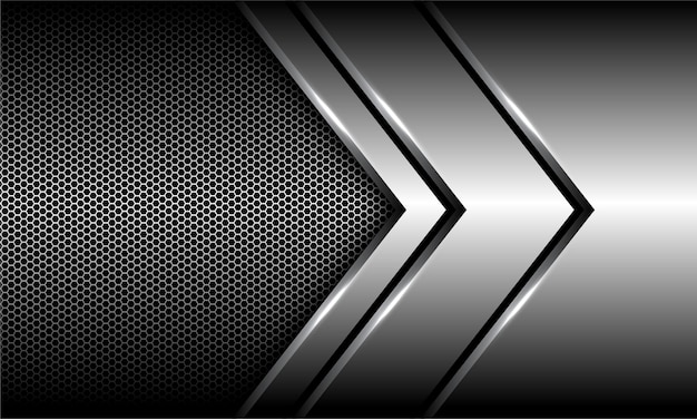 Abstract silver arrow direction overlap on hexagon mesh background.