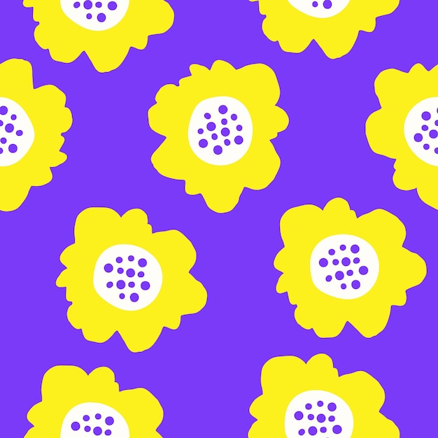 Abstract simple botanical seamless pattern with big yellow flowers on a blue background.