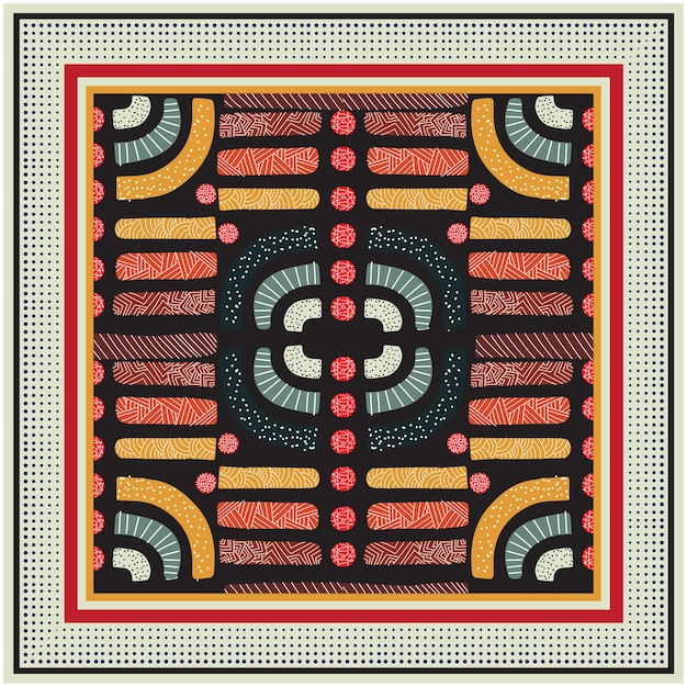 Abstract sjaalpatroon met geometrische vormen in aardtonen op een zwarte achtergrond