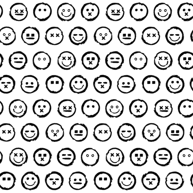 Vector abstract sloppy seamless pattern with cells of emoji different facial expressions and moods ornament for printing on fabric cover and packaging simple minimalistic vector on white background