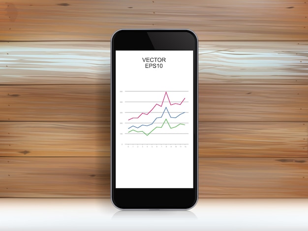 Smartphone astratto e grafico di investimento nello schermo di visualizzazione sopra struttura di legno. illustrazione vettoriale.