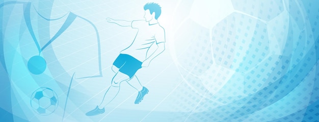 Vector abstract soccer background with a football player kicking the ball and other sport symbols in light blue colors