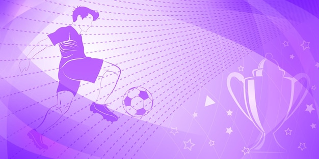 Abstract soccer background with a football player kicking the ball and other sport symbols in purple colors