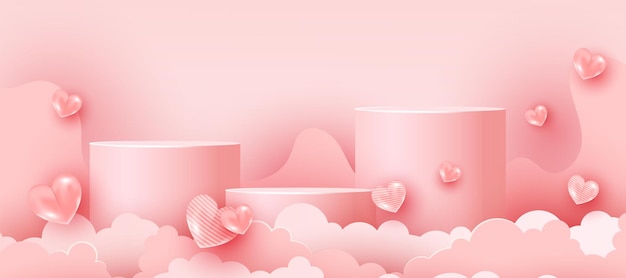 Abstract soft pink minimal scene with geometric forms. Valentine's Day 3d heart shapes and paper cut clouds