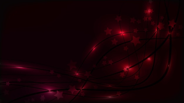 Abstract space red background with luminous wavy lines and light flares and stars and space