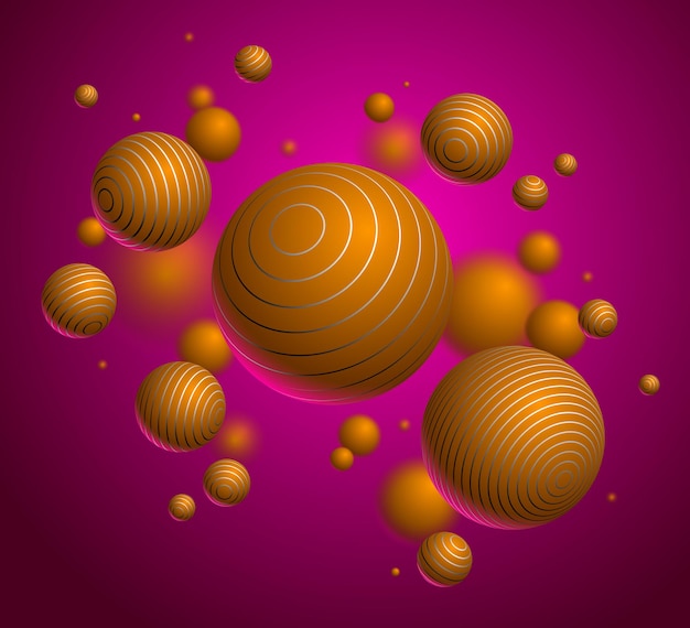 Vector abstract spheres vector background, composition of flying balls decorated with lines, 3d mixed realistic globes, realistic depth of field effect.