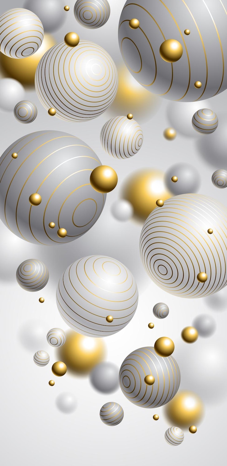 Vector abstract spheres vector background for phone composition of flying balls decorated with lines smartphone wallpaper 3d mixed realistic globes realistic depth of field effect