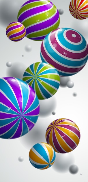 Abstract spheres vector background for phone, composition of flying balls decorated with patterns smartphone wallpaper, 3D mixed realistic globes, depth of field effect.