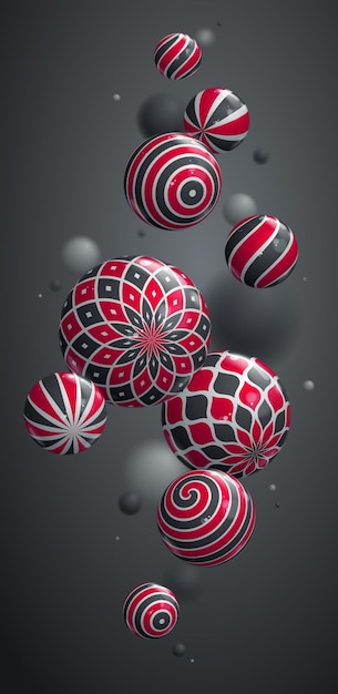 Abstract spheres vector background for phone, composition of flying balls decorated with patterns smartphone wallpaper, 3D mixed realistic globes, depth of field effect.