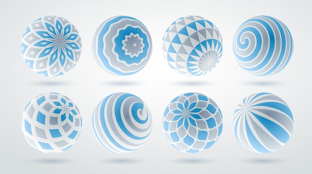 Set vettoriale di sfere astratte, collezione di palline decorate con motivi, globi realistici di varietà miste 3d con collezione di ornamenti.
