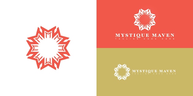 추상적인 나선형 이니셜 글자 M 또는 MM는 여러 배경 색상에 분리된 빨간색으로 표시됩니다.
