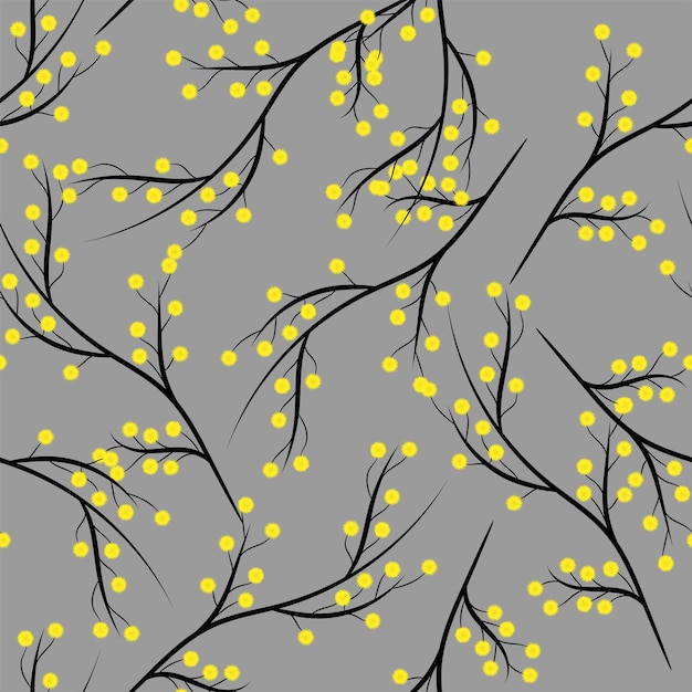 Abstract sprigs of mimosa on a gray background seamless pattern