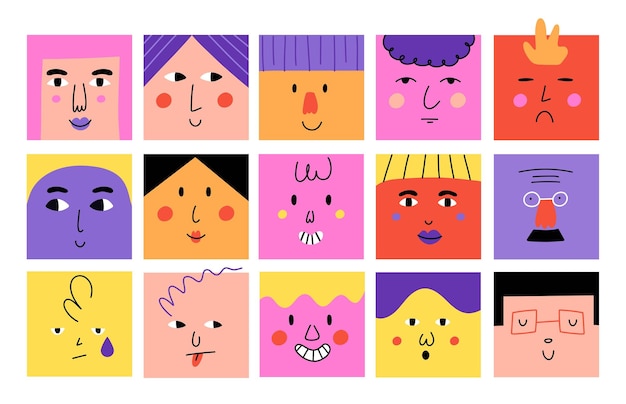 Facce quadrate astratte personaggi dei cartoni animati divertenti con emozioni diverse doodle stile felice avatar alla moda sorriso persone ritratto illustrazione geometrica contemporanea insieme isolato vettore disegnato a mano