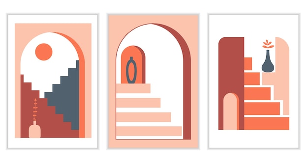 Vector abstract stairs poster set old city minimalist boho print abstract cards with elements of moroccan architecture contemporary aesthetic illustration with geometric cityscape stairs vases