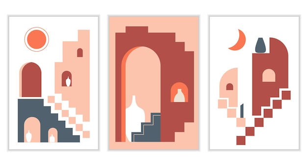 Abstract stairs poster set old city minimalist boho print abstract cards with elements of moroccan architecture contemporary aesthetic illustration with geometric cityscape stairs vases