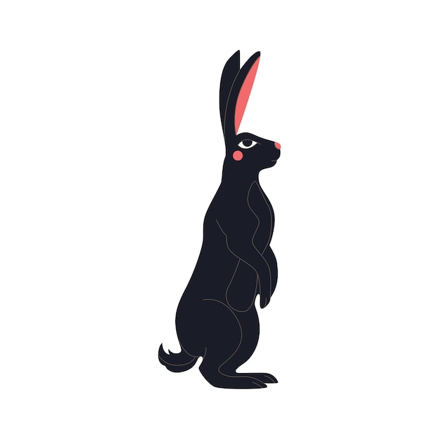 Абстрактный стоящий черный кролик с красными щеками и глазами. Символ китайского Нового 2023 года. Пасхальный заяц
