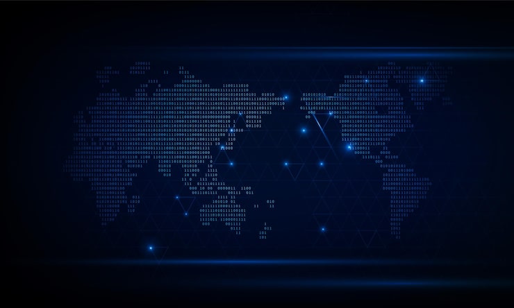 Vector 모니터에 있는 이진 코드 번호의 추상 스트림은 세계 지도 hitech 통신 개념 혁신 배경 벡터 디자인의 컴퓨터 매트릭스입니다.