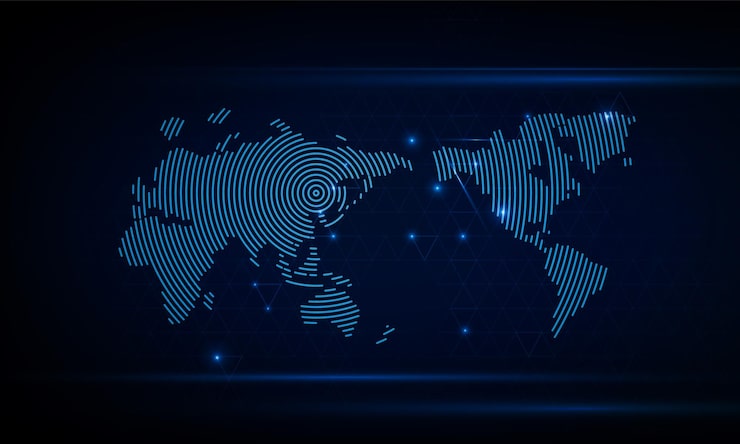 Vector abstract a stream of binary code numbers on the monitor are the computer matrix of world map hitech communication concept innovation background vector design