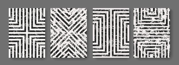 Abstract striped geometric vintage posters set. Collection of Mid-Century Modern Arts. Minimal polygonal pattern. Trendy retro textured placard.