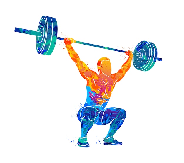 Vector abstract strong man lifting weights powerlifting weightlifting from splash of watercolors. illustration of paints.