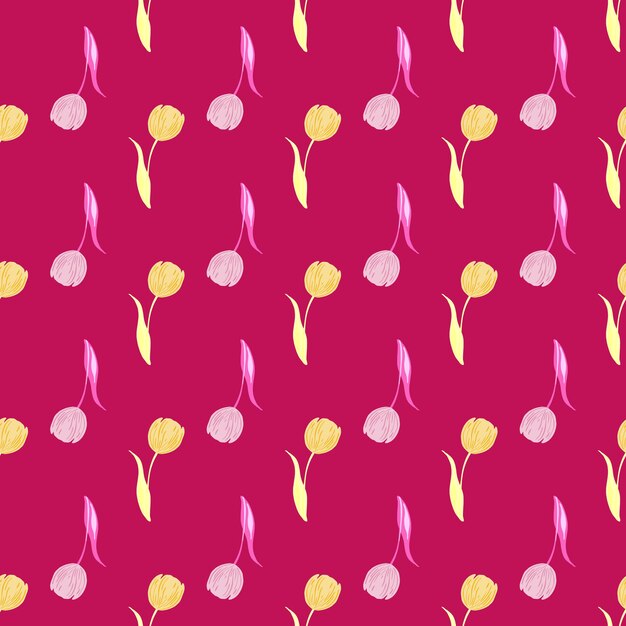 abstract style seamless pattern with little tulip bud silhouettes print. bright pink background. doodle style. flat vector print for textile, fabric, giftwrap, wallpapers. endless illustration.