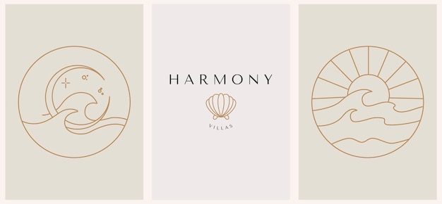 Abstract summer logo template with seashell sunset with waves Modern minimal set of linear icons and emblems for social media accommodation rental and travel services
