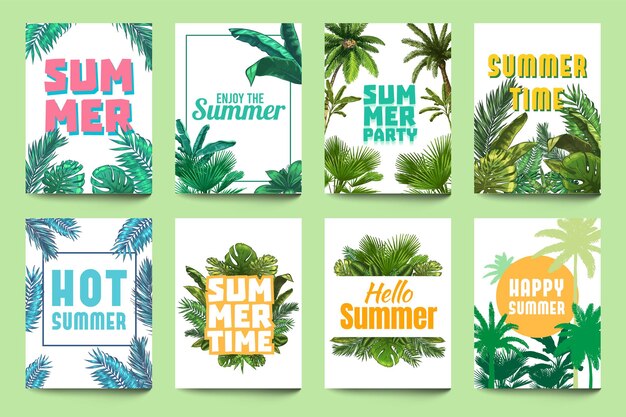 Abstract summer poster. enjoy summer, party invitation and hello summer flyer art with tropical palm leaves and monstera leafs set.