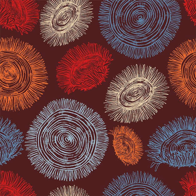 抽象的なひまわりの飾り。手描きのベクトルのシームレスなパターン。レトロなスタイルで装飾的な花の背景。