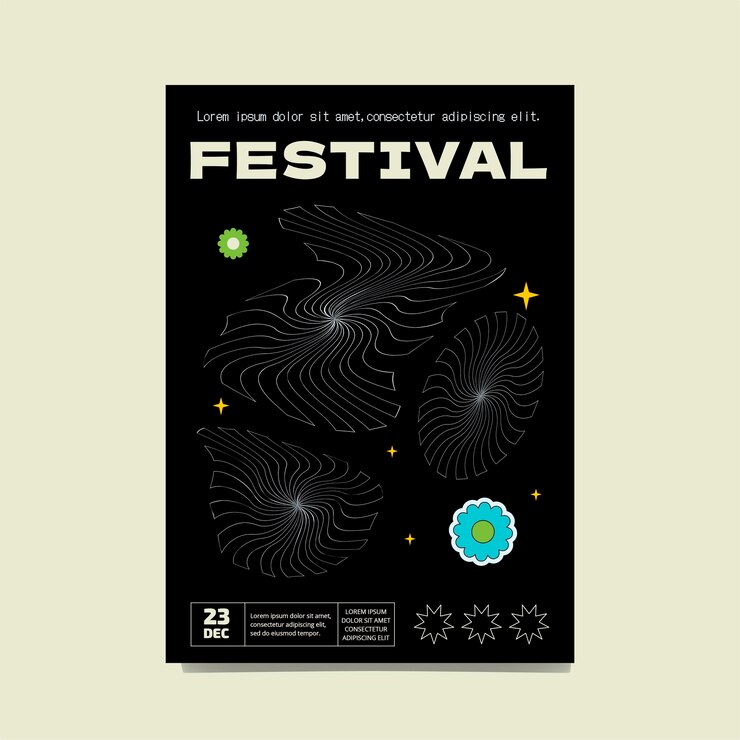 Vector 데이지와 줄이 그어진 배경이 있는 추상적인 초현실적인 검은색 포스터 음악 축제의 최소한의 디자인