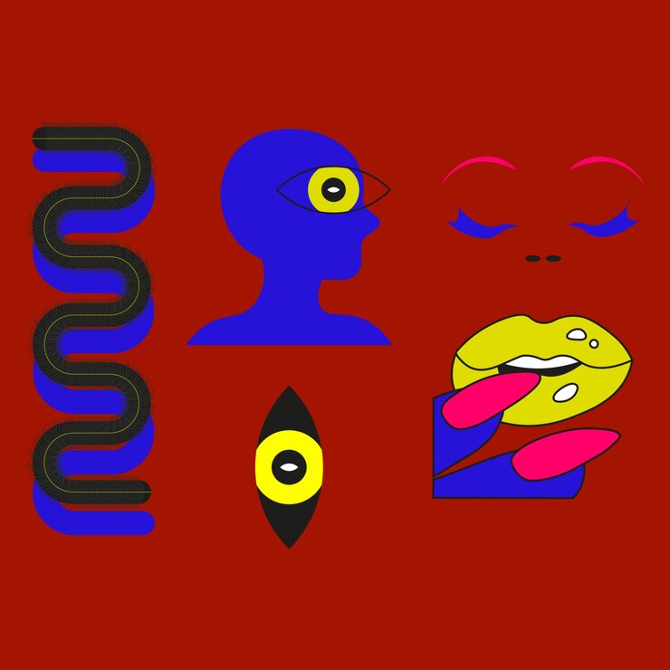 Vector abstract surreal composition of faces and shapes in bold colors